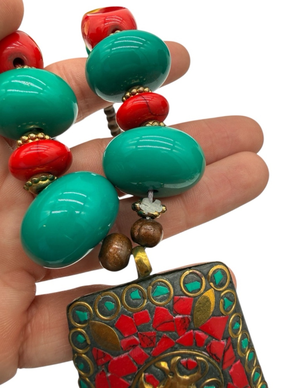 Tibetan Ethnic Mosaic Red Coral and Turquoise Statement Pendant Brass Necklace - Picture 8 of 8